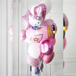 Композиция из бело-розовых шаров с кругами и Hello Kitty