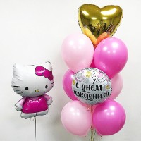 Фонтан из фуксия-розовых шаров с сердцем и Hello Kitty