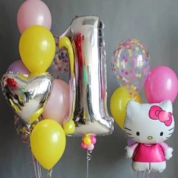 Композиция из желто-розовых шаров с Hello Kitty и цифрой 1