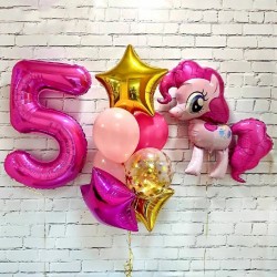 Композиция из розовых и фуксия шаров с Пинки Пай и цифрой 5