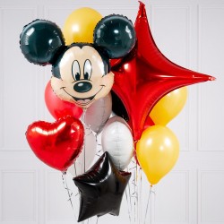 Композиция из желто-красных шаров с сердцами и Микки Маусом