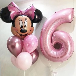 Фонтан из розовых шаров с Минни Маус и цифрой 6