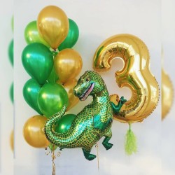 Композиция из зелено-золотых шаров с Тираннозавром и цифрой 3