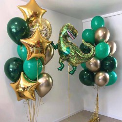 Композиция из зелено-золотых шаров со звездами и Тираннозавром