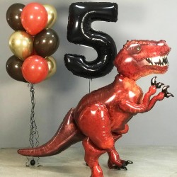 Композиция из черно-красных шаров с Тираннозавром и цифрой 5