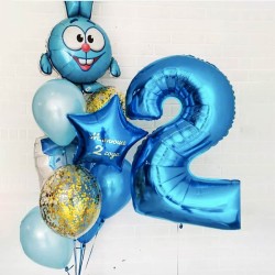Фонтан из синих шаров с Крошем, Ноликом и цифрой 2