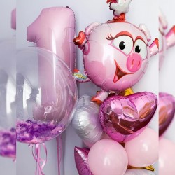 Композиция из розовых шаров с сердцами, Нюшей и цифрой 1