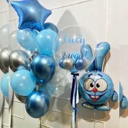 Композиция из сине-голубых шаров с Крошем и шаром Bubbles