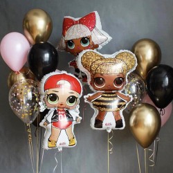 Композиция из золотых, черных и розовых шаров с куклами ЛОЛ