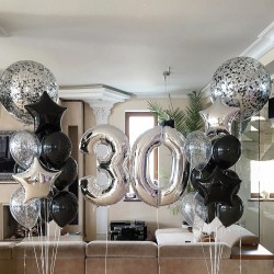 Композиция из больших шаров с конфетти и серебряной цифрой 30