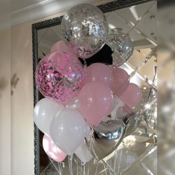 Фонтан из белых и розовых шаров с большими шарами с конфетти
