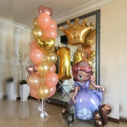 Композиция из персиковых шаров с принцессой Софией и цифрой 1