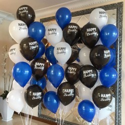 Фонтан из бело-черных шаров Happy Birthday с синими шарами