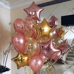 Фонтан из розовых шаров металлик с фольгированными звездами