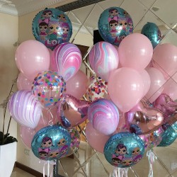 Фонтан с фольгированными шарами Лол и розовыми шарами