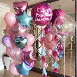 Композиция из шаров с розовым агатом с Днем Рождения мама