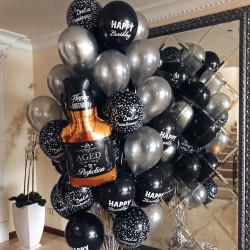 Фонтан с бутылкой Виски и черными шарами Happy Birthday