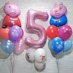Фонтан из шаров со Свинкой Пеппой и розовой цифрой 5