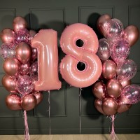 Сет из шаров хром и прозрачных с розовыми конфетти с цифрами
