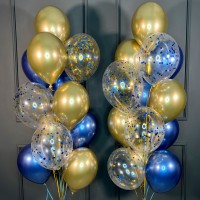 Фонтаны из золотых и синих шаров хром с прозрачными с конфетти