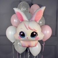 Фонтан из белых и розовых шаров с Зайчиком