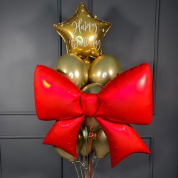 Сет из хромированных золотых шаров со звездой и красным бантом
