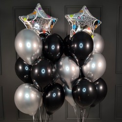 Композиция из шаров черно-серебряных со звездой Happy Birthday